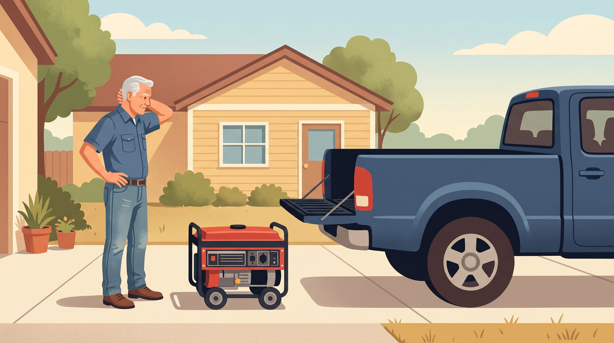 Illustration of an older man looking at a generator on the ground next to a pickup truck with its tailgate down